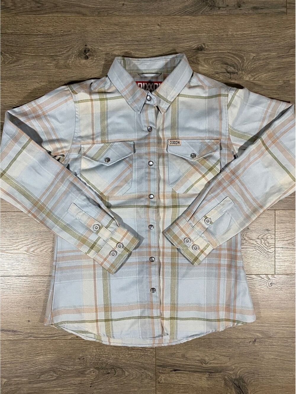 Dixxon The Malibu Flannel Shirt Womens M Blue Tan Plaid Pearl Snap Western
